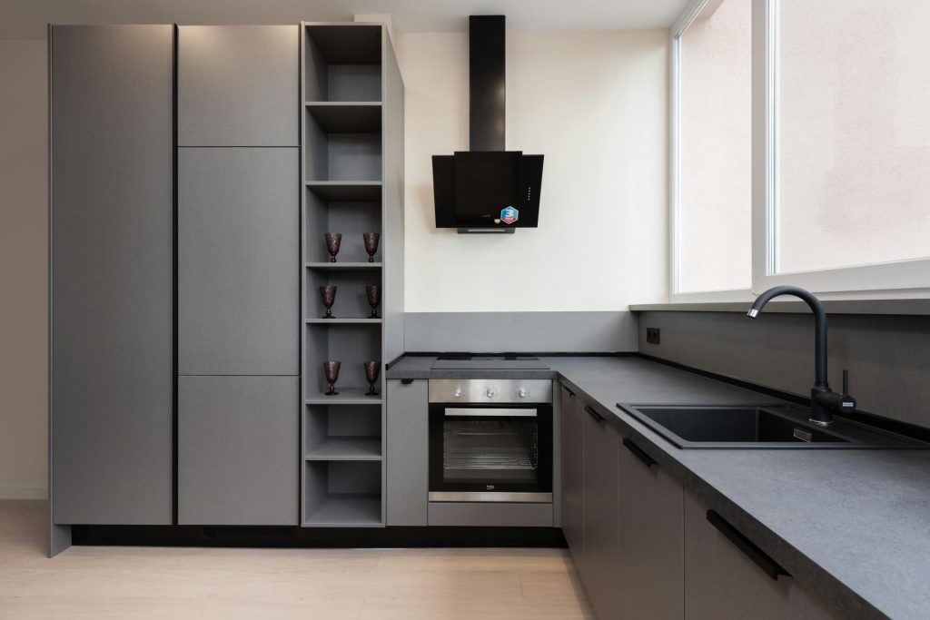 Modern kitchen with furniture and appliances